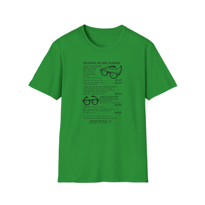 Green t-shirt with text listing original be-bop glasses for sale.