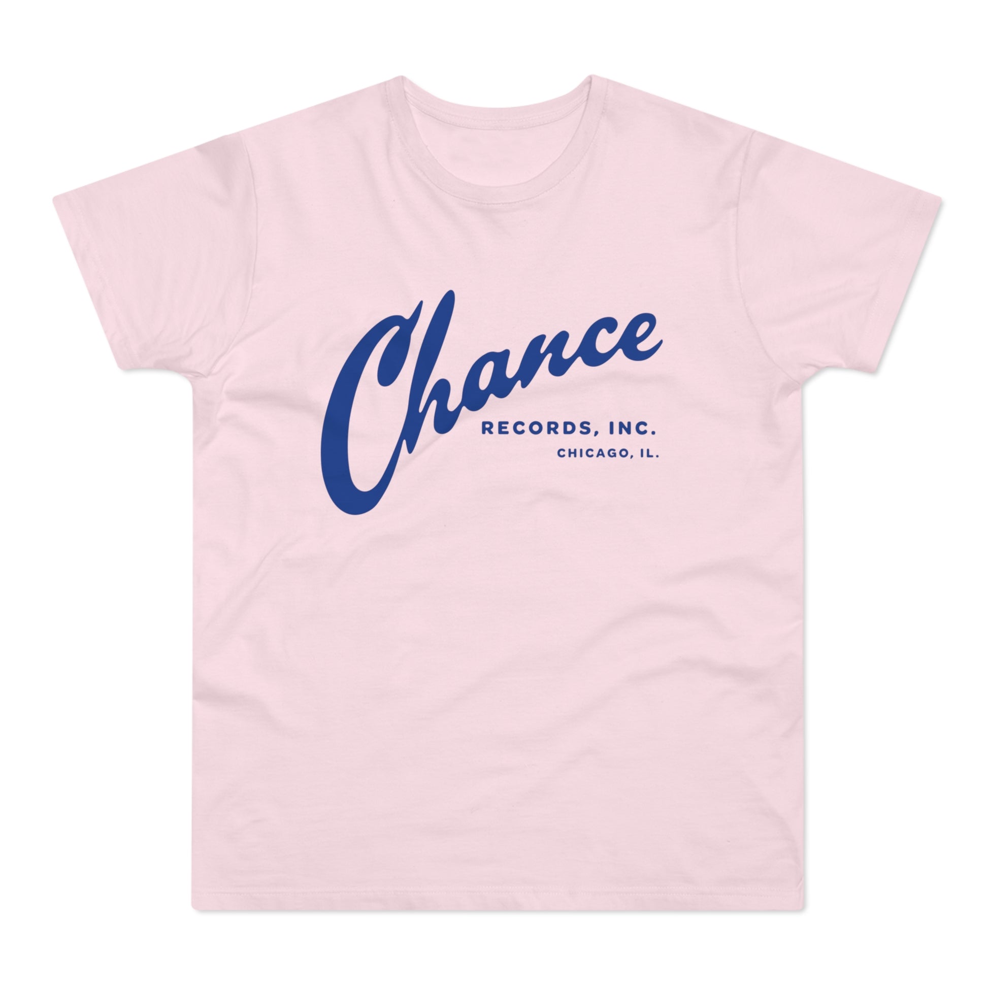 Pink t-shirt with blue "Chance Records, Inc. Chicago, IL." graphic