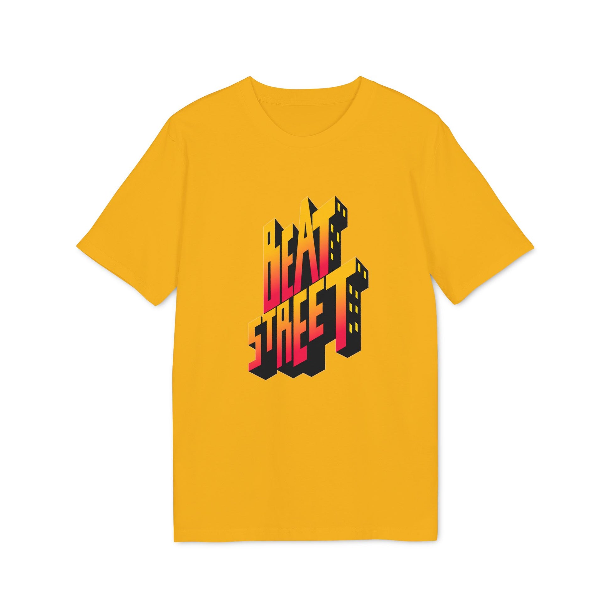 Yellow t-shirt with 3D "BEAT STREET" text graphic and building elements.
