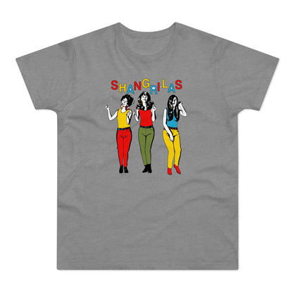 T-shirt with colorful "SHANG-RI-LAS" text and three women in retro outfits.