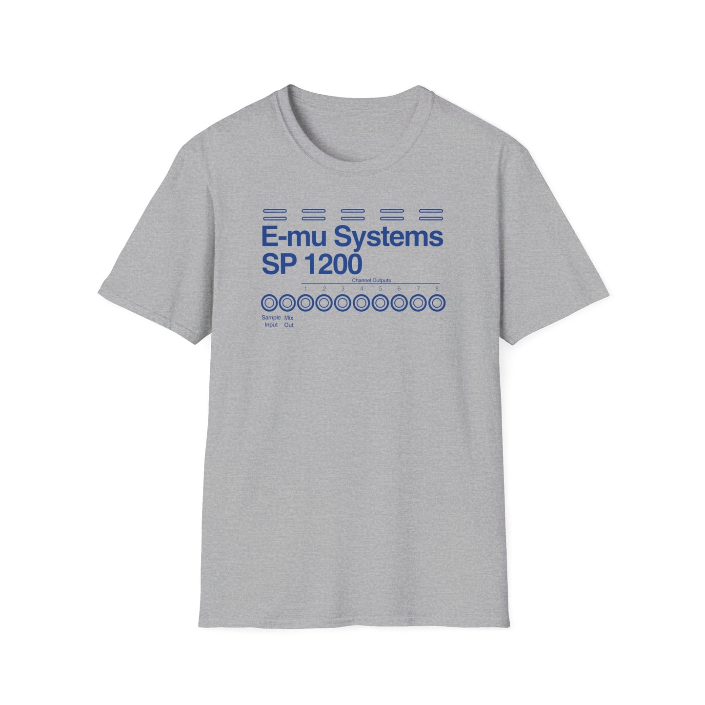 Grey t-shirt with E-mu Systems SP 1200 graphic and circular output ports.
