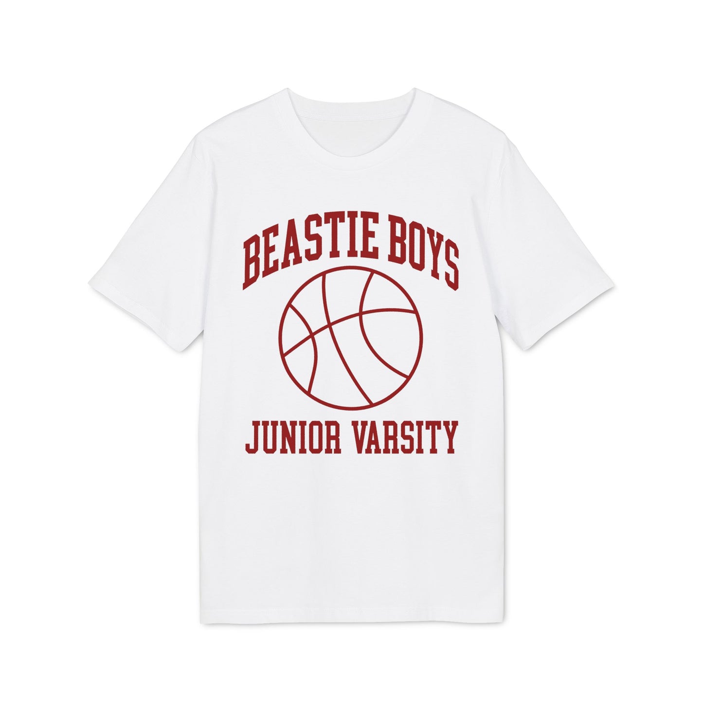 White t-shirt with "Beastie Boys Junior Varsity" text and basketball graphic.
