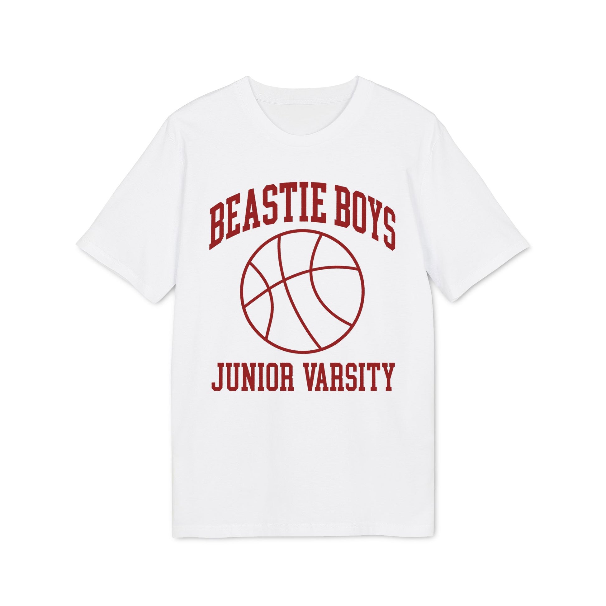 White t-shirt with "Beastie Boys Junior Varsity" text and basketball graphic.