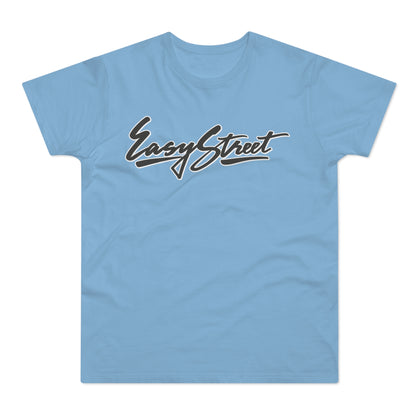 Light blue t-shirt with black "Easy Street" script logo.
