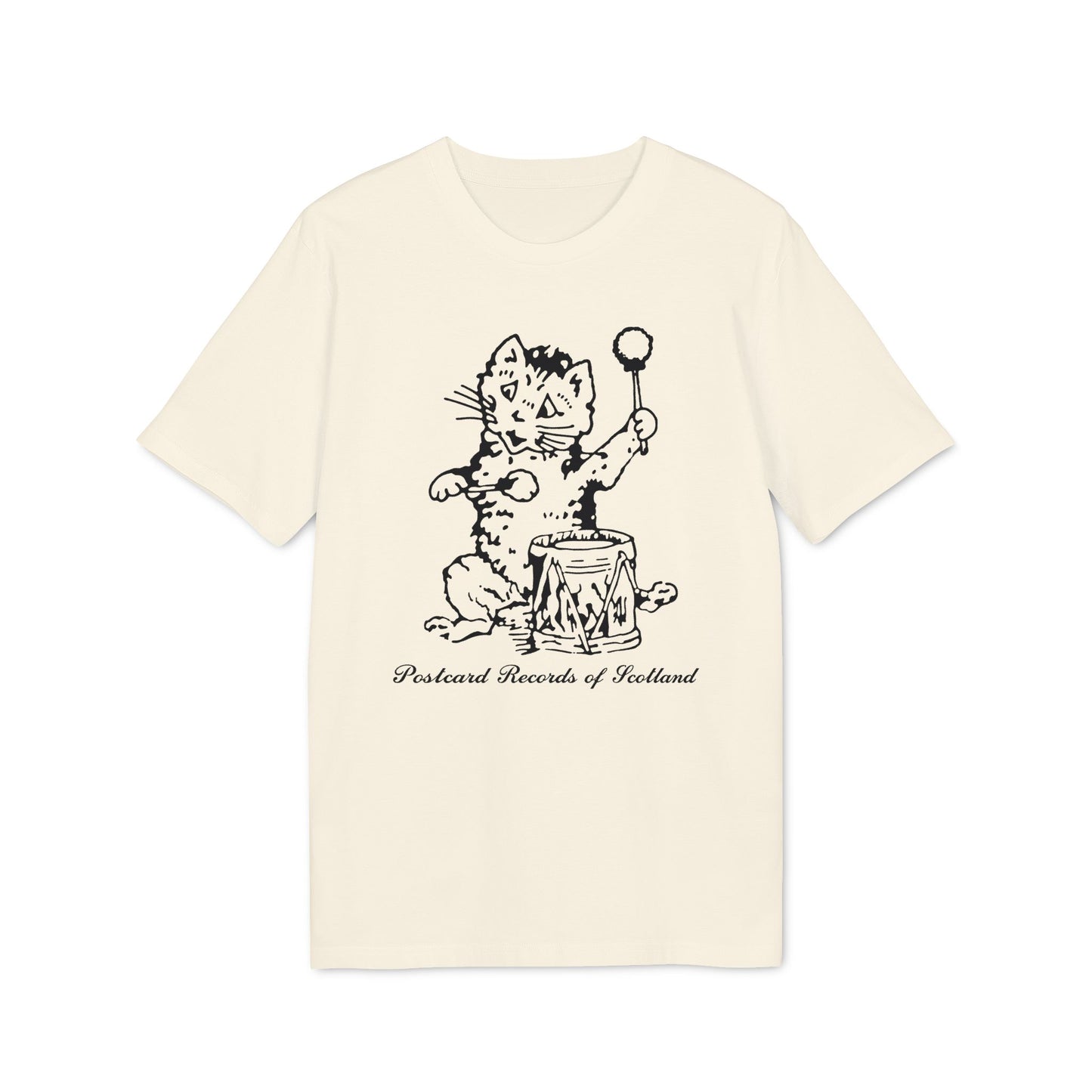 Cream t-shirt with black graphic of a cat playing a drum and "Postcard Records of Scotland" text.