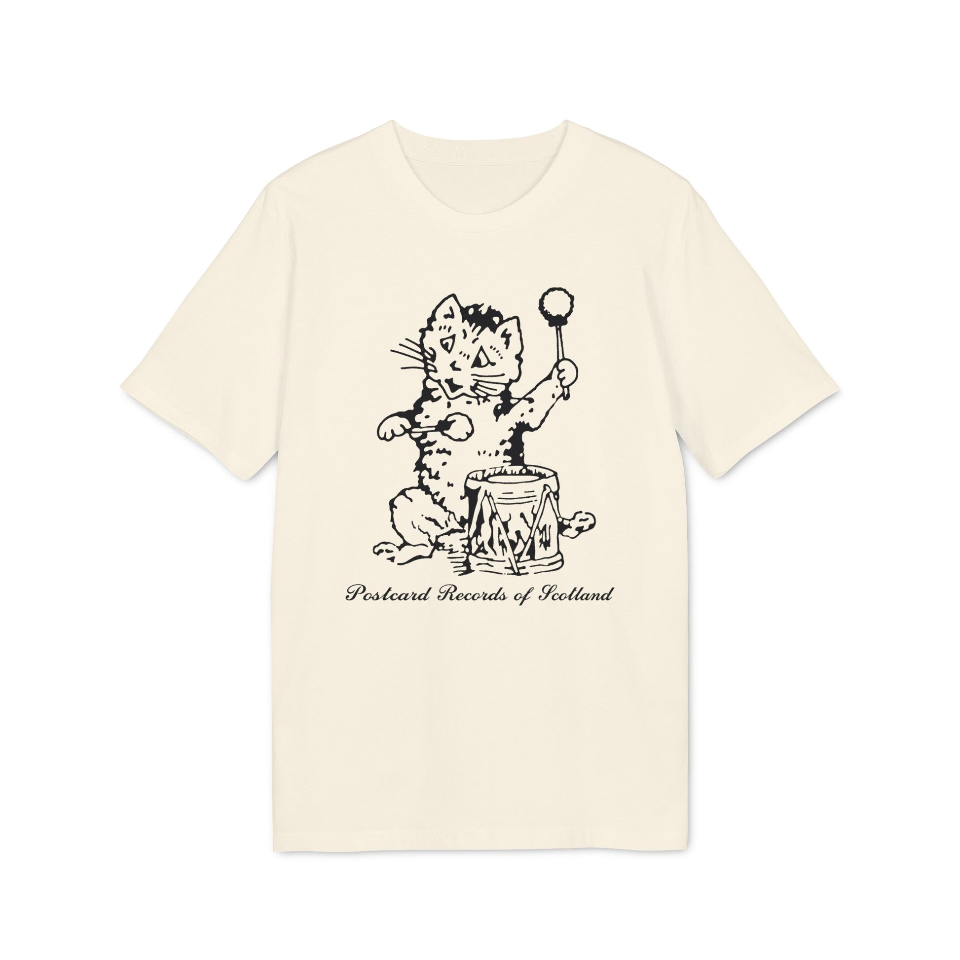 Cream t-shirt with black graphic of a cat playing a drum and "Postcard Records of Scotland" text.