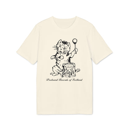 Cream t-shirt with black graphic of a cat playing a drum and "Postcard Records of Scotland" text.