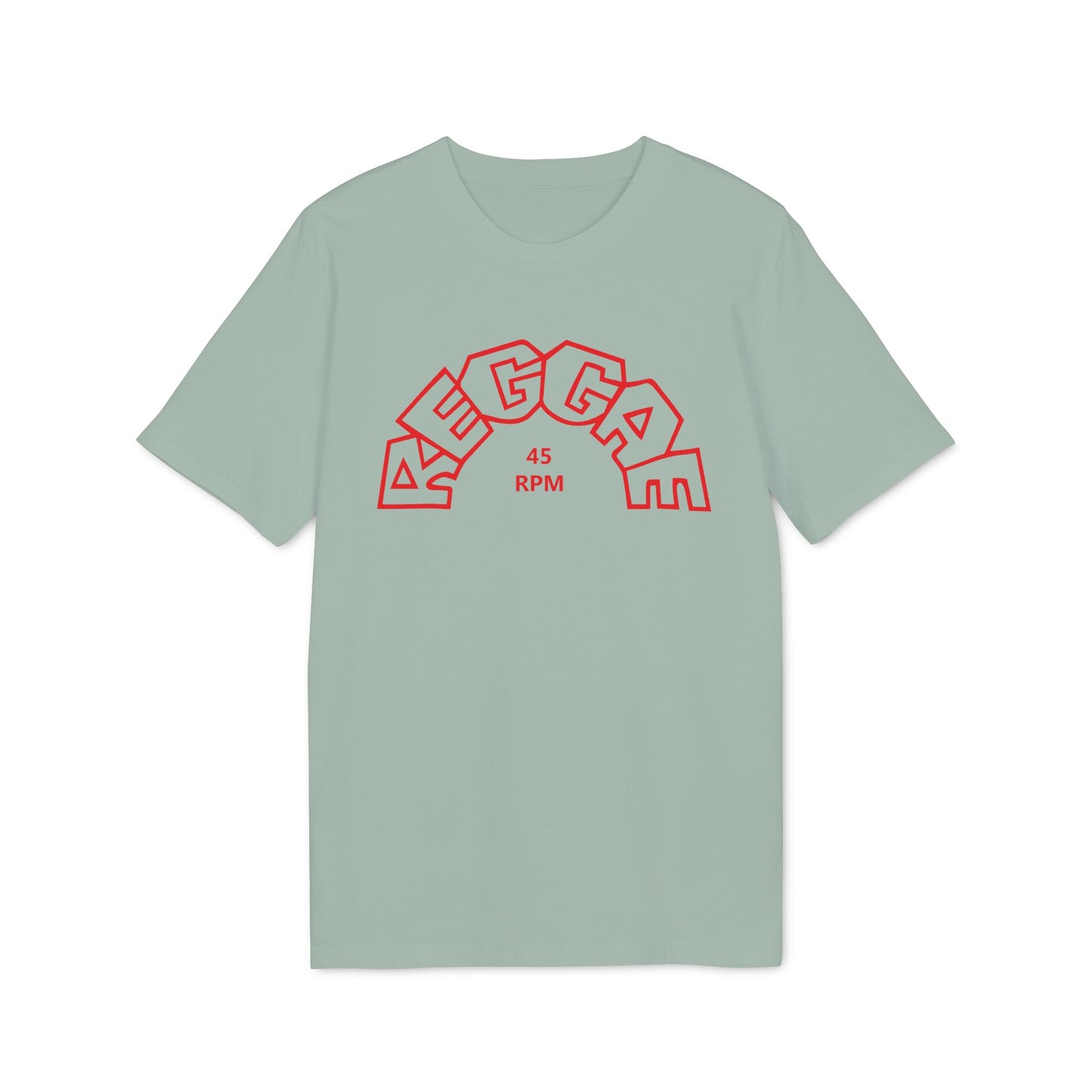 Light sage green t-shirt with red "MEGGA" text and "45 RPM" in the center.