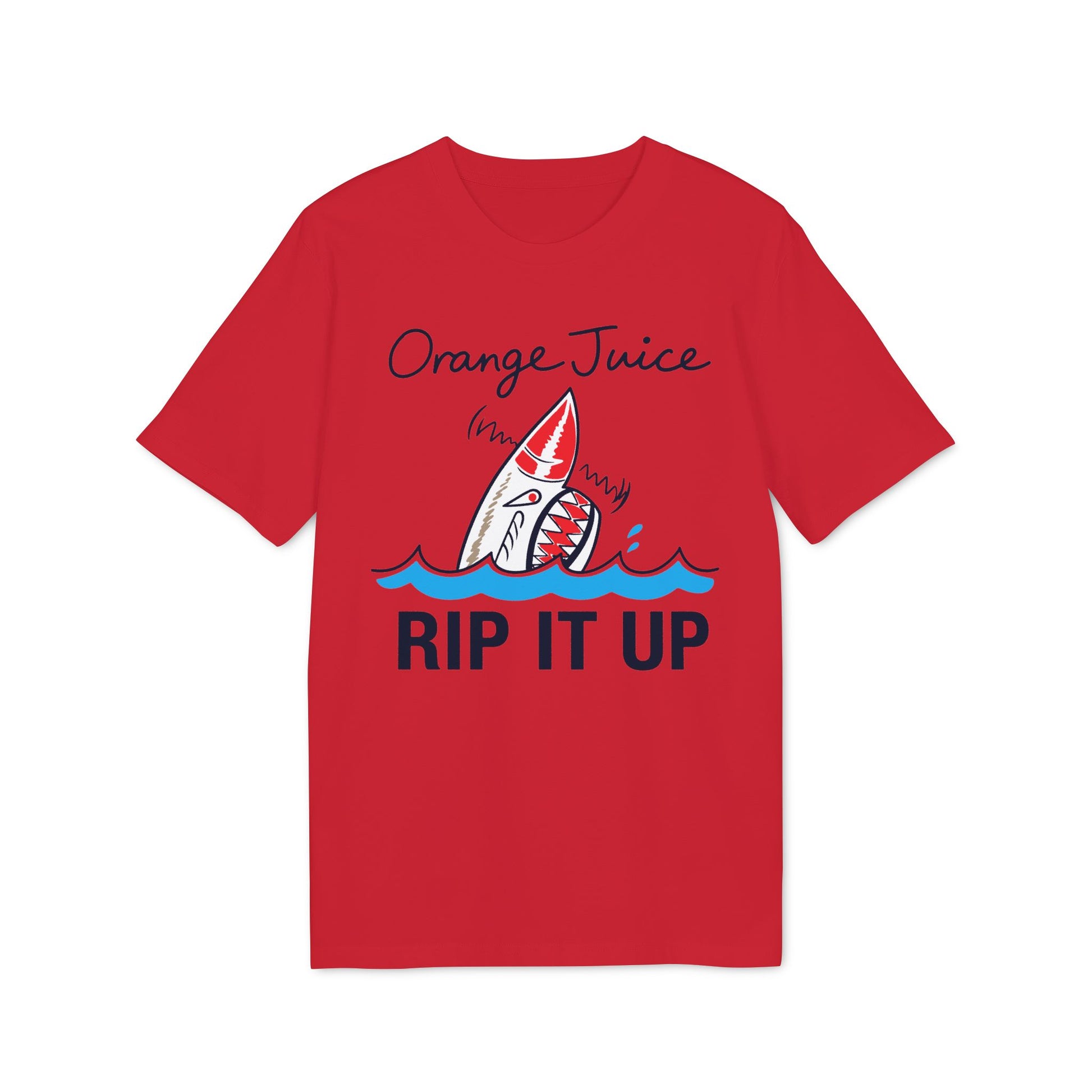 Red t-shirt with "Orange Juice RIP IT UP" and a shark graphic.