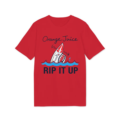 Red t-shirt with "Orange Juice RIP IT UP" and a shark graphic.
