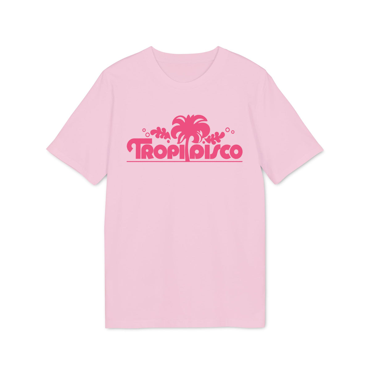Light pink short-sleeved t-shirt featuring a dark pink graphic with palm trees and the text Tropi Disco.