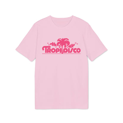 Light pink short-sleeved t-shirt featuring a dark pink graphic with palm trees and the text Tropi Disco.