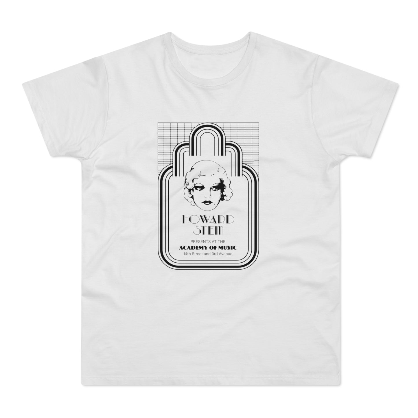 White t-shirt with "Howard Stein Presents at the Academy of Music" text and art.