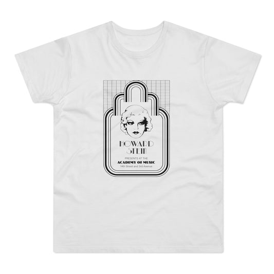 White t-shirt with "Howard Stein Presents at the Academy of Music" text and art.