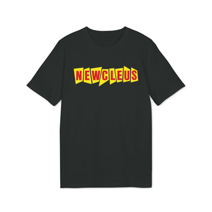 Black t-shirt featuring the Newcleus logo in red text over yellow jagged shapes across the chest.