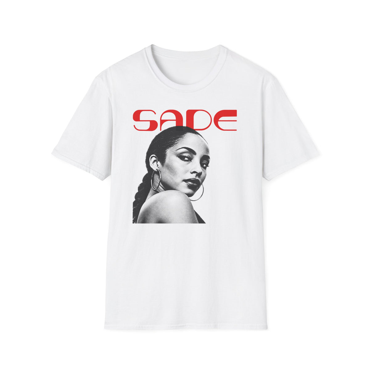 White t-shirt with black and white Sade portrait and red Sade logo.