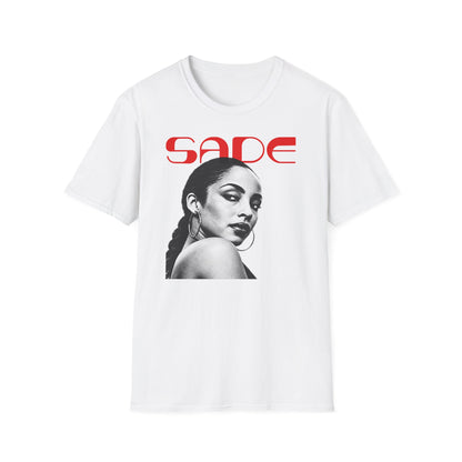 White t-shirt with black and white Sade portrait and red Sade logo.