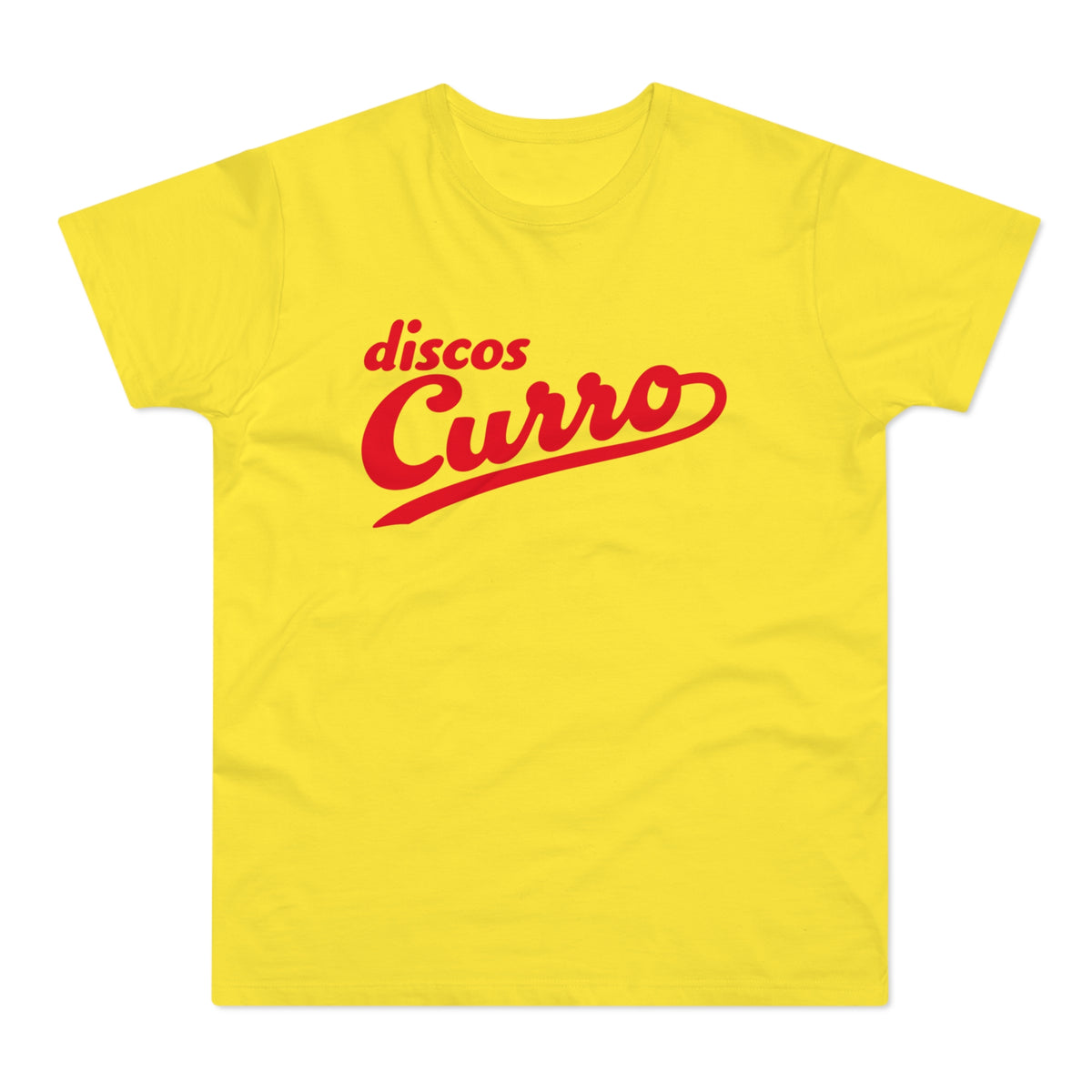 Yellow t-shirt with red "Discos Curro" text in a script font.