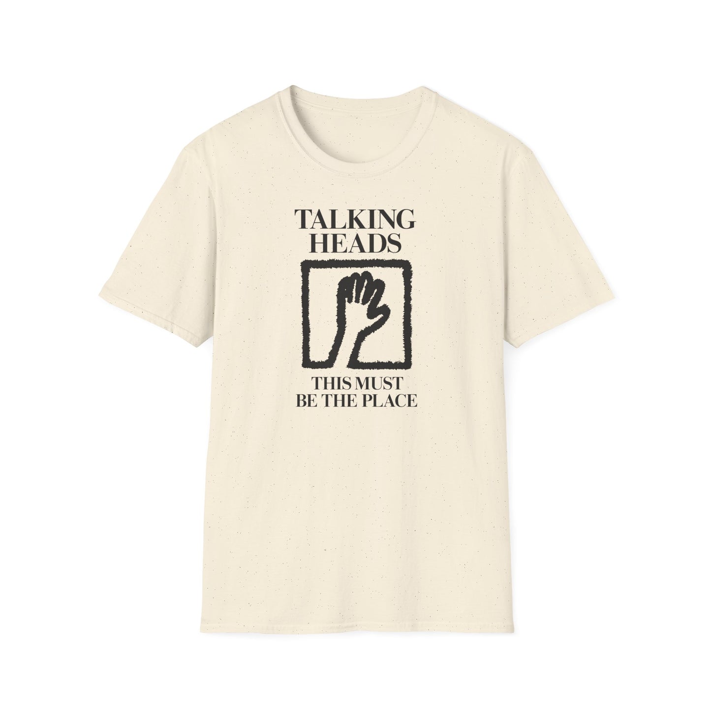 Cream t-shirt with black Talking Heads logo and "This Must Be The Place" text.