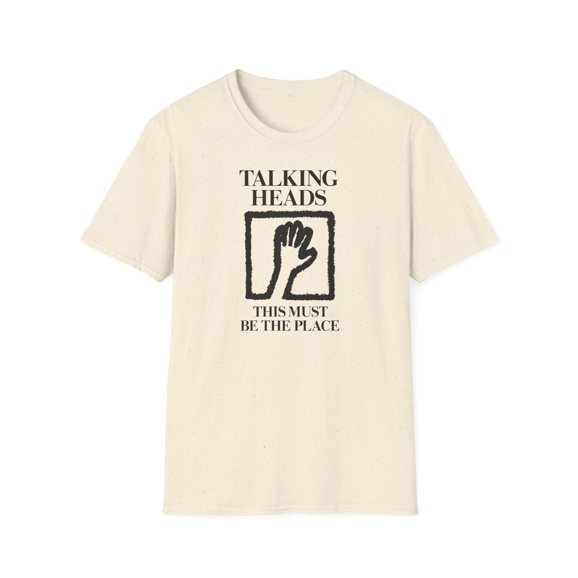 Cream t-shirt with black Talking Heads logo and "This Must Be The Place" text.