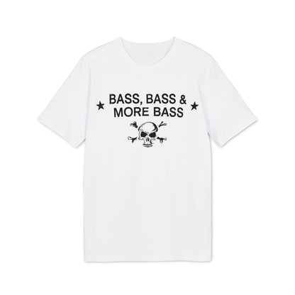 White t-shirt with black text "BASS, BASS & MORE BASS" and a skull graphic.