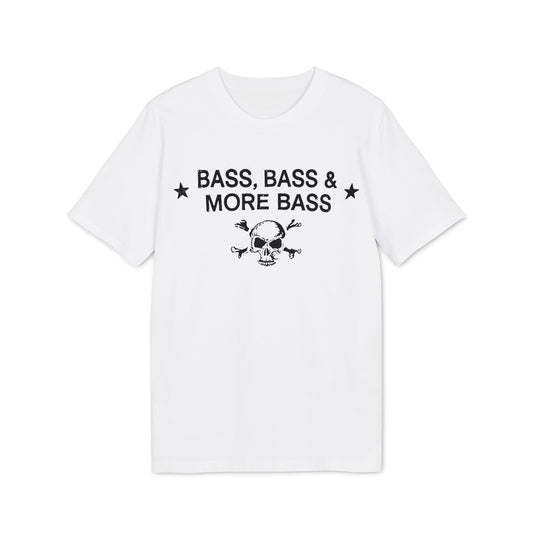 White t-shirt with black text "BASS, BASS & MORE BASS" and a skull graphic.