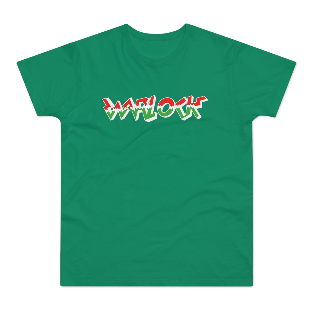 Green t-shirt with bold red and green "WARLOCK" text.
