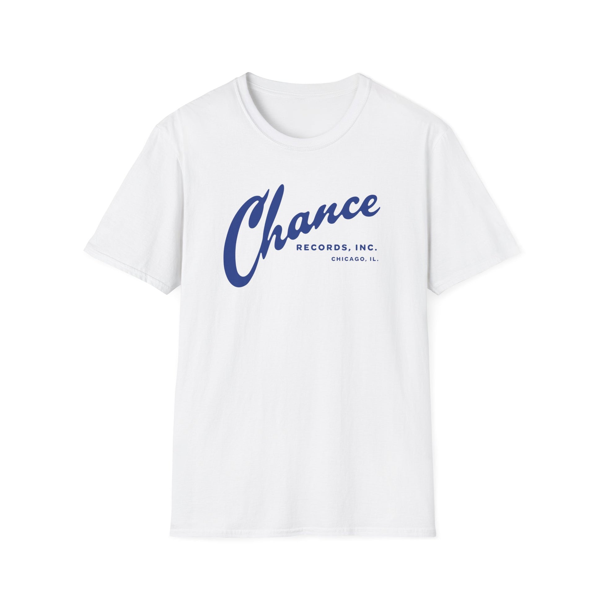 White t-shirt with blue Chance Records Inc. Chicago, IL logo.