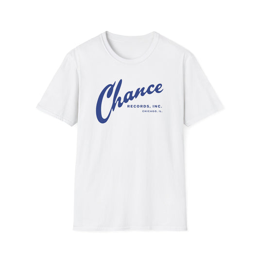 White t-shirt with blue Chance Records Inc. Chicago, IL logo.
