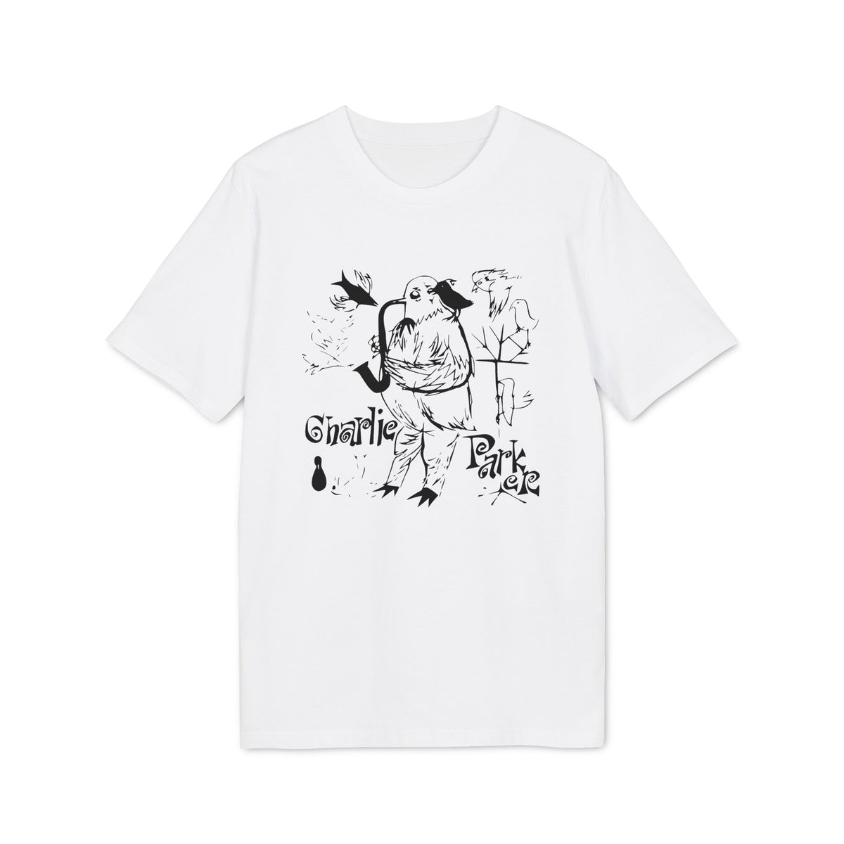 White short-sleeved t-shirt with a black line art graphic of a bird playing a saxophone and the text Charlie Parker.
