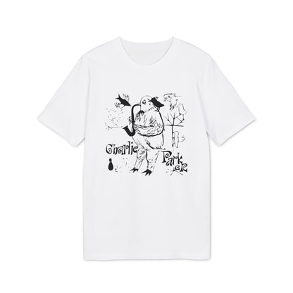 White short-sleeved t-shirt with a black line art graphic of a bird playing a saxophone and the text Charlie Parker.