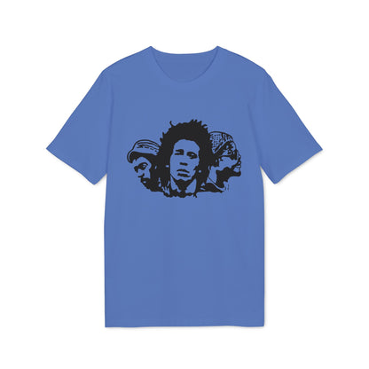 Blue t-shirt with a black graphic of three heads in profile.