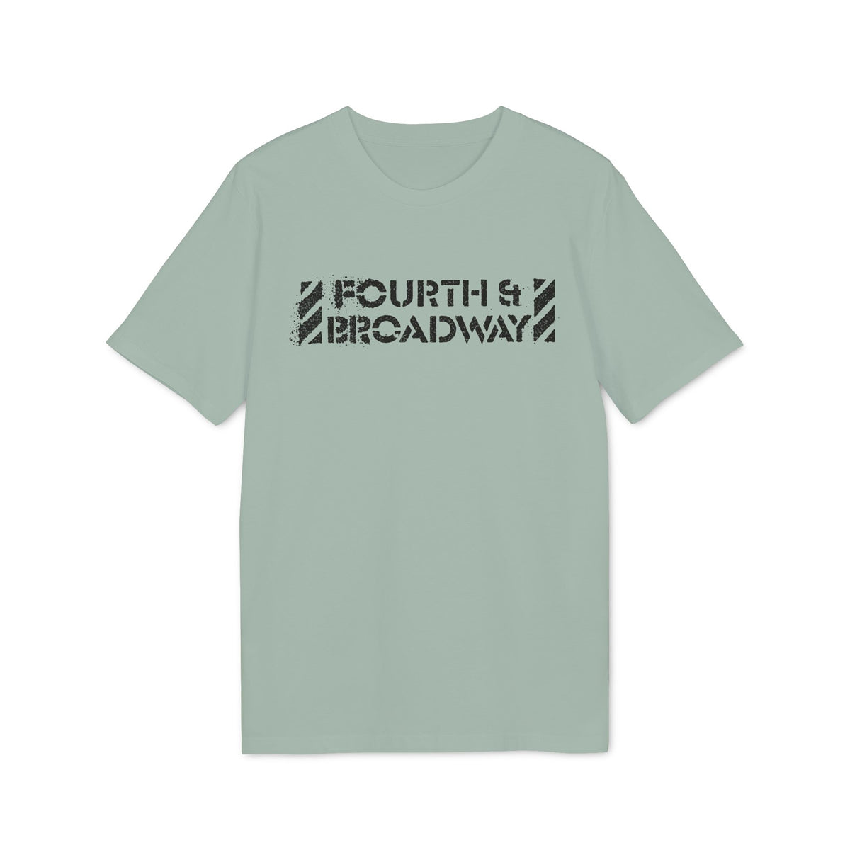 A sage green short-sleeve crewneck t-shirt featuring the black distressed text "FOURTH & BROADWAY" on the chest.