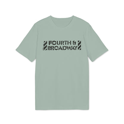 A sage green short-sleeve crewneck t-shirt featuring the black distressed text "FOURTH & BROADWAY" on the chest.