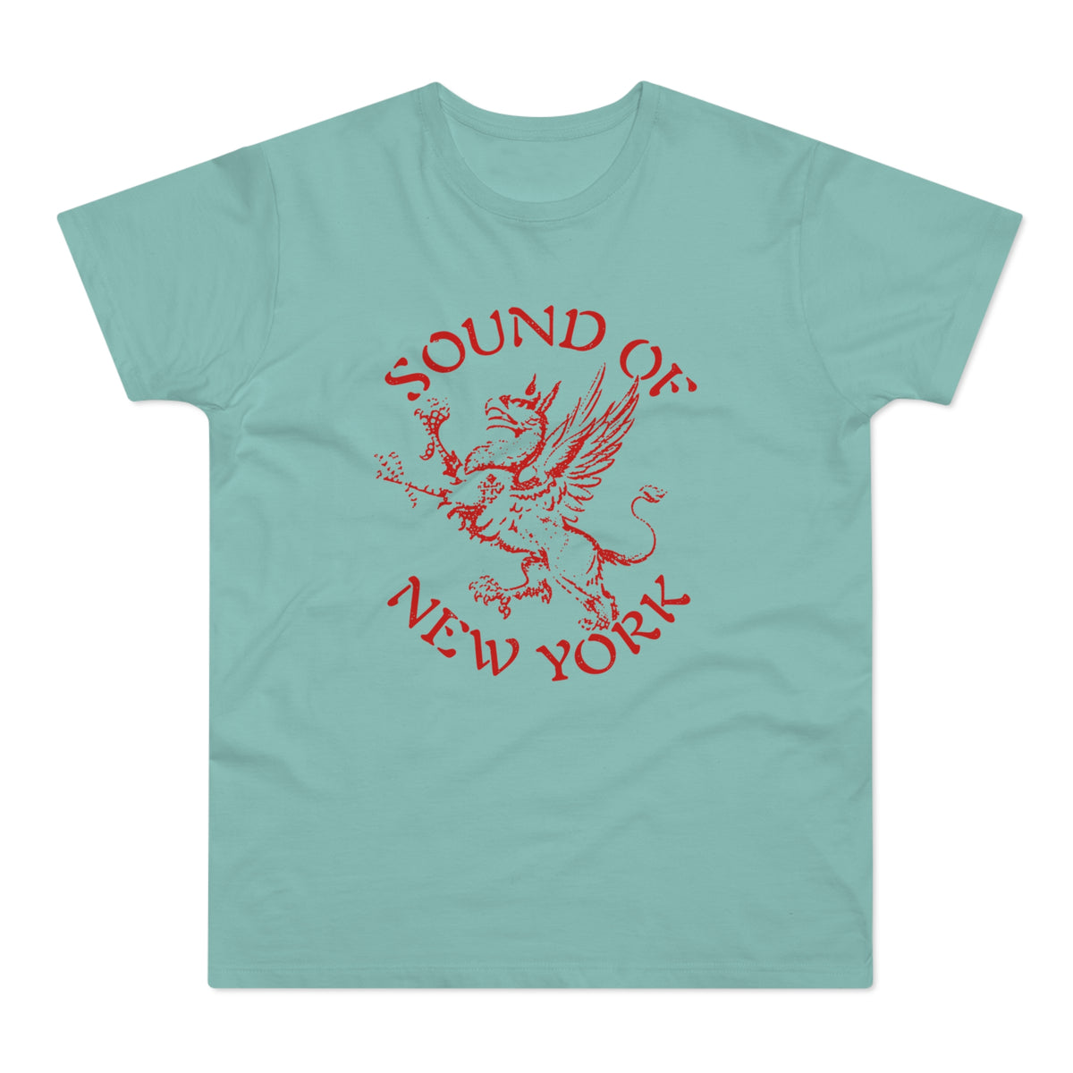 A light blue short-sleeved t-shirt featuring red distressed text that reads Sound of New York surrounding a griffin illustration.