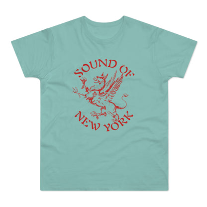 A light blue short-sleeved t-shirt featuring red distressed text that reads Sound of New York surrounding a griffin illustration.