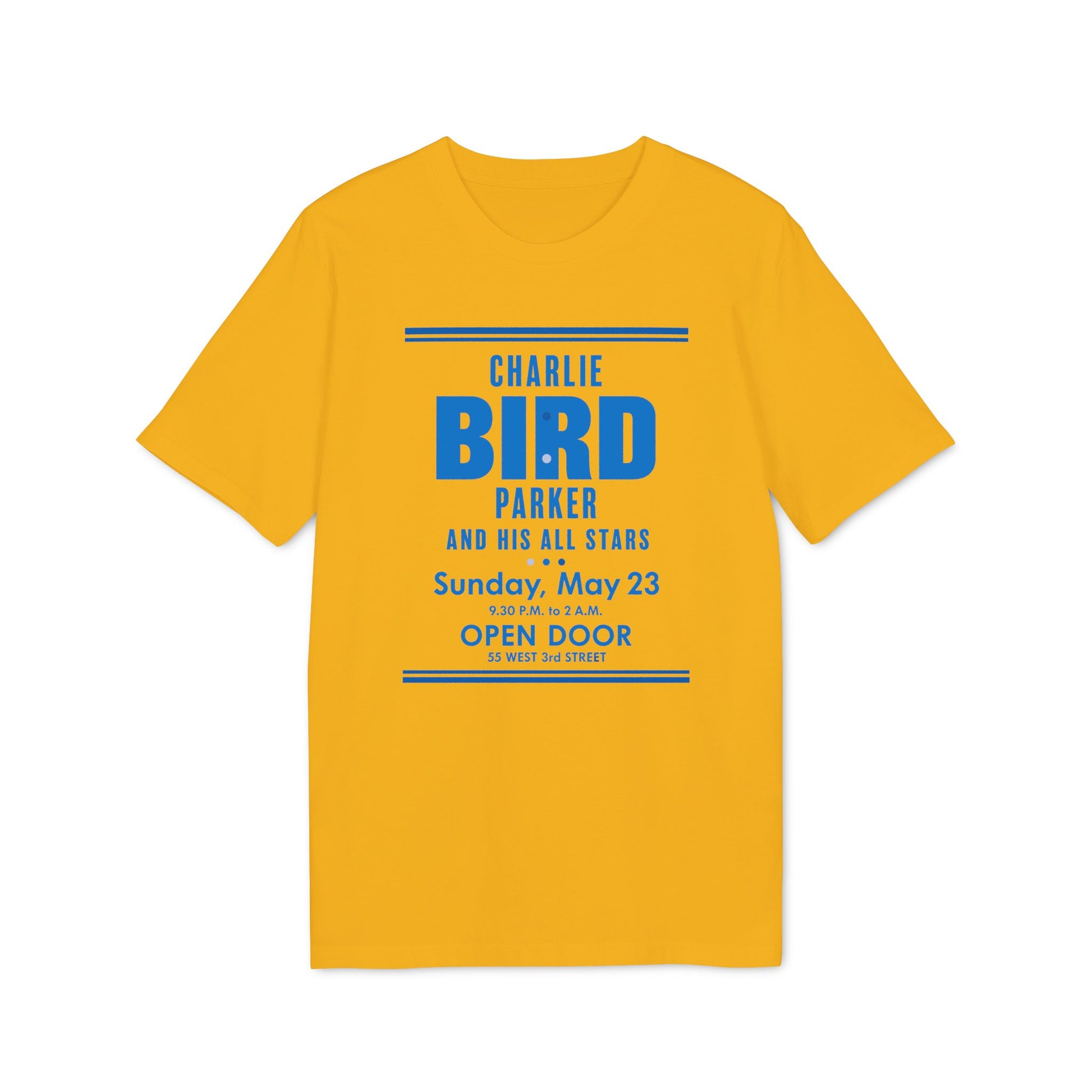 Yellow t-shirt with "Charlie Bird Parker and His All Stars" event details.