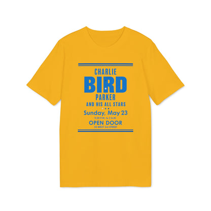 Yellow t-shirt with "Charlie Bird Parker and His All Stars" event details.