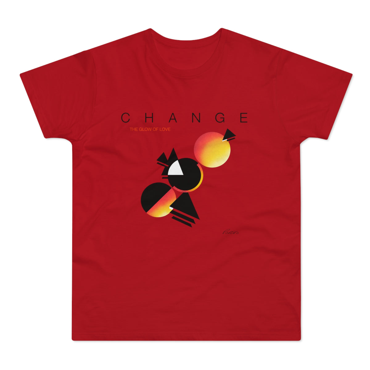 Red t-shirt with abstract geometric design and text "CHANGE THE GLOW OF LOVE".
