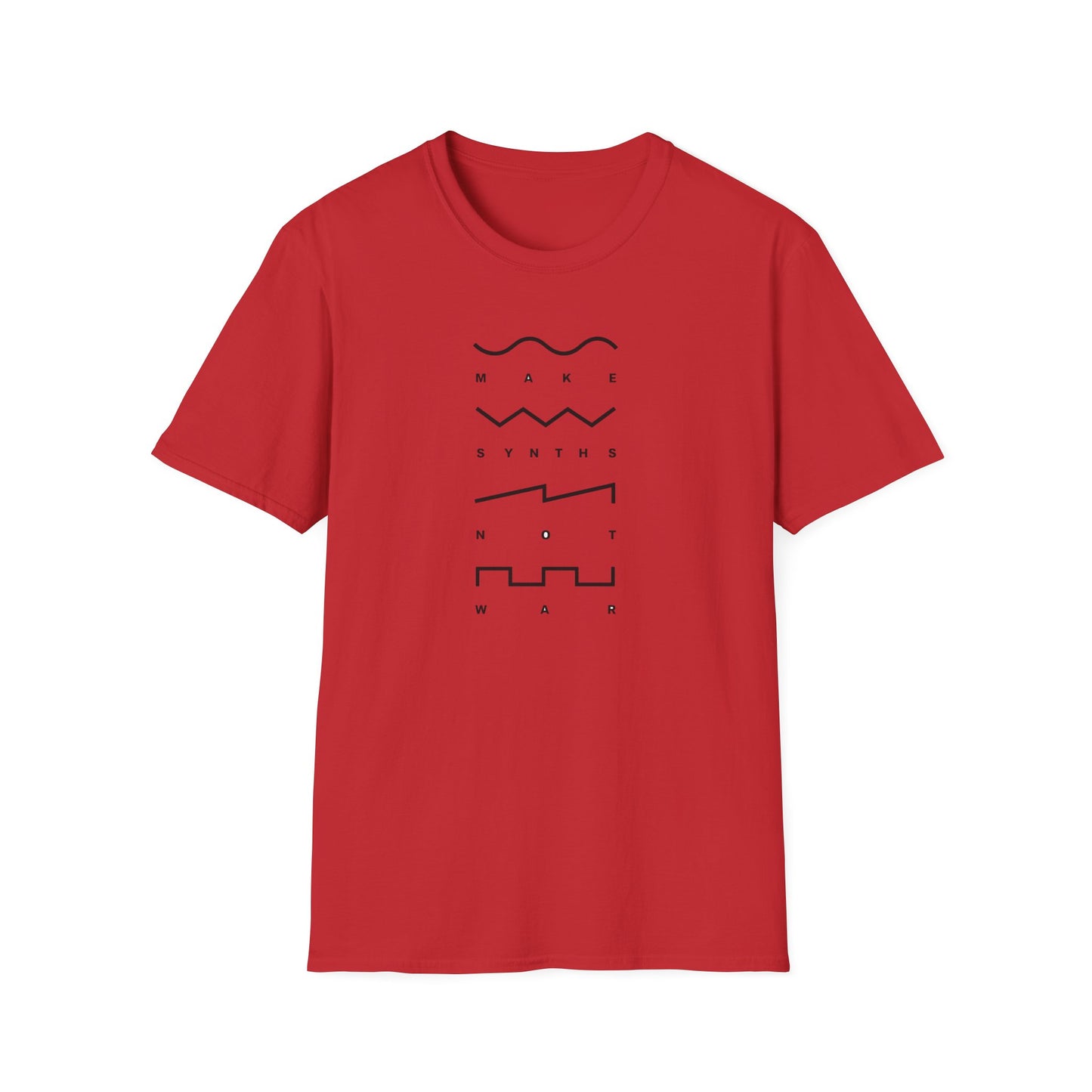 Red t-shirt with black graphic text "MAKE SYNTHS NOT WAR" in waveform-style font.
