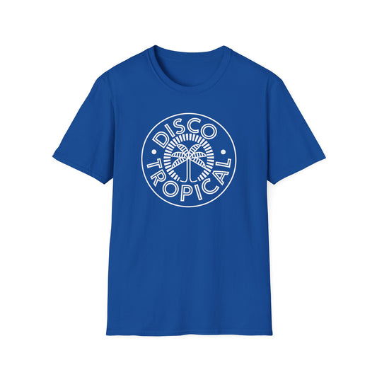 Blue t-shirt with white "Disco Tropical" text and palm tree logo.