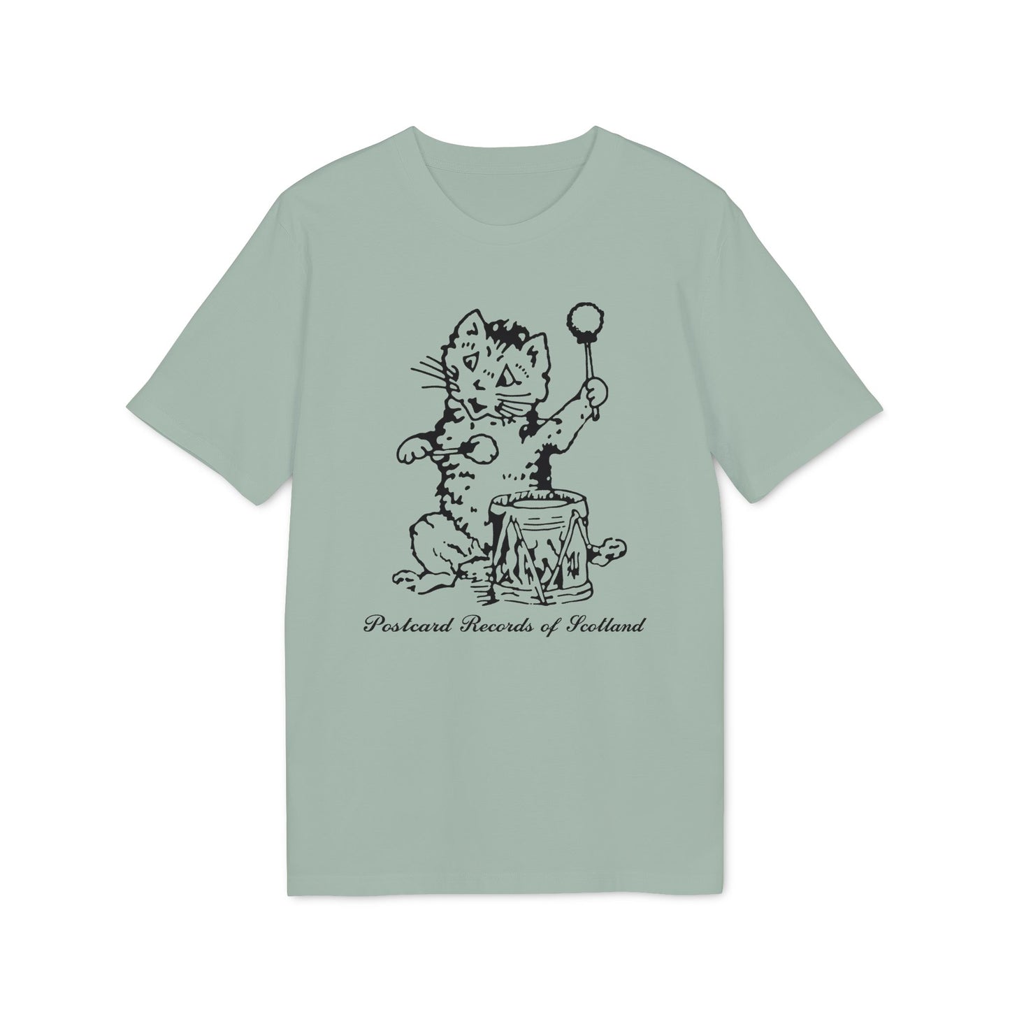 T-shirt with black line drawing of a cat playing a drum labeled "Postcard Records of Scotland."