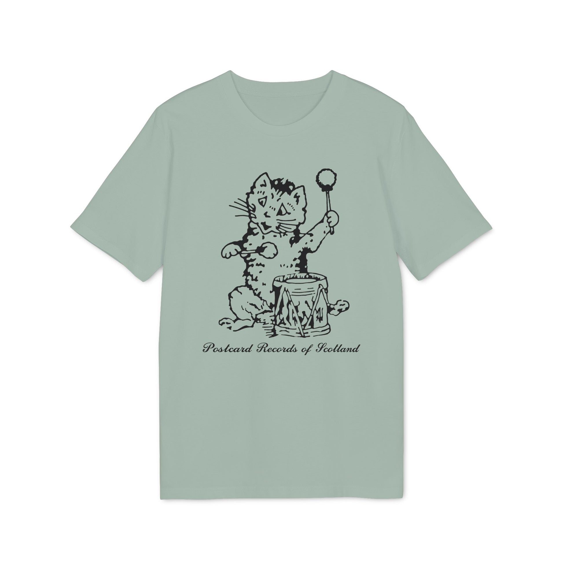 T-shirt with black line drawing of a cat playing a drum labeled "Postcard Records of Scotland."