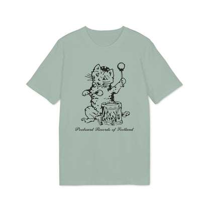 T-shirt with black line drawing of a cat playing a drum labeled "Postcard Records of Scotland."