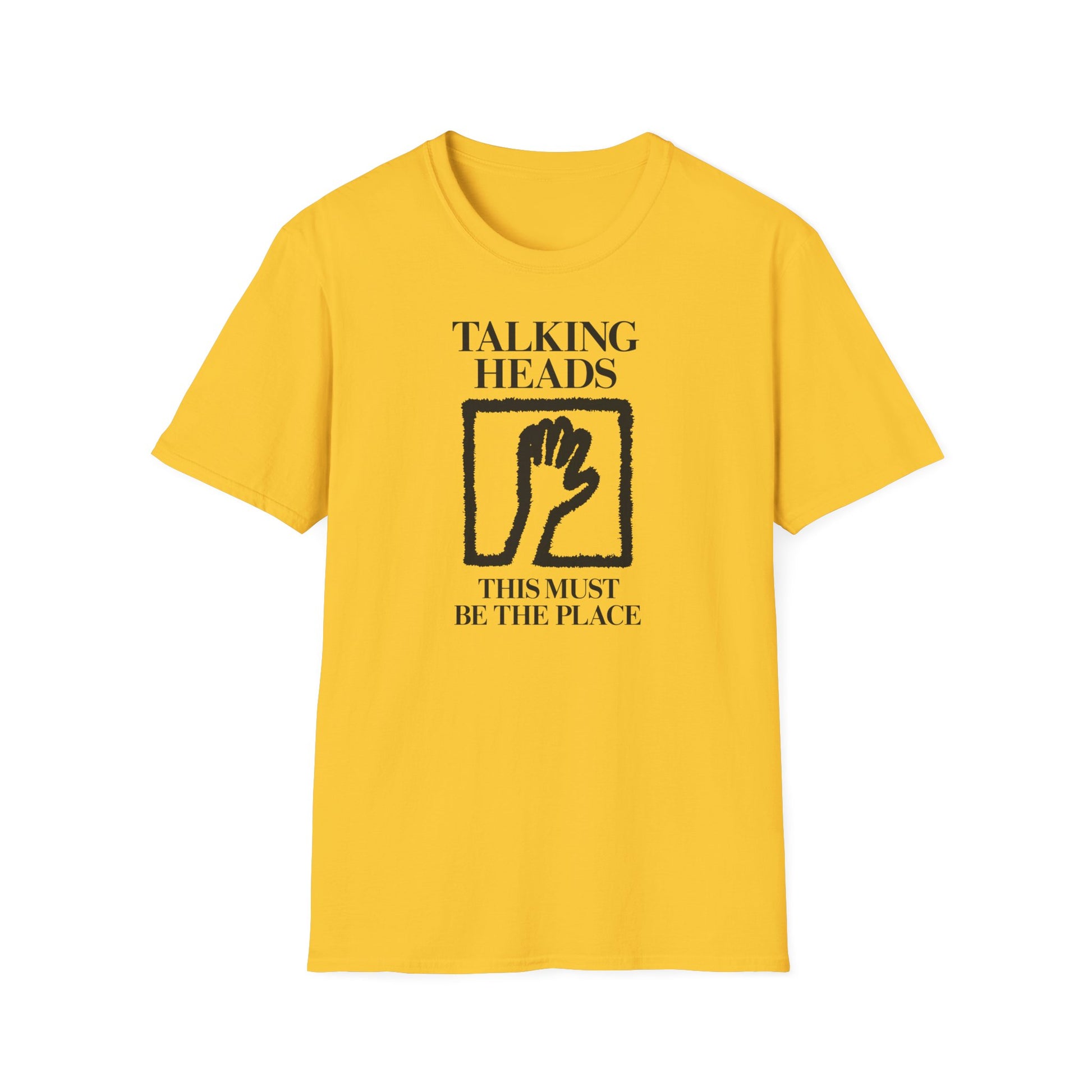 Yellow t-shirt with black graphic of a hand in a square and the text "TALKING HEADS THIS MUST BE THE PLACE".