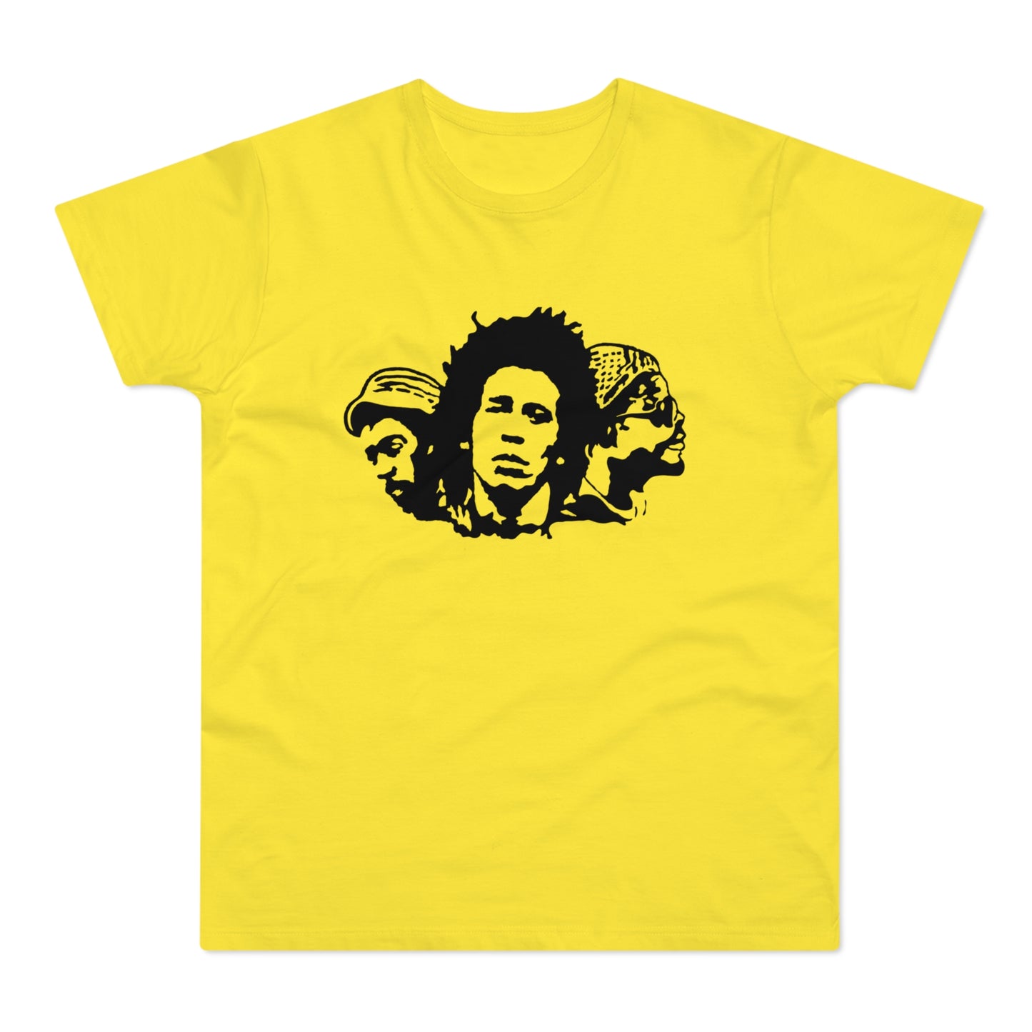 Yellow t-shirt with black stencil art of Bob Marley and two other figures.