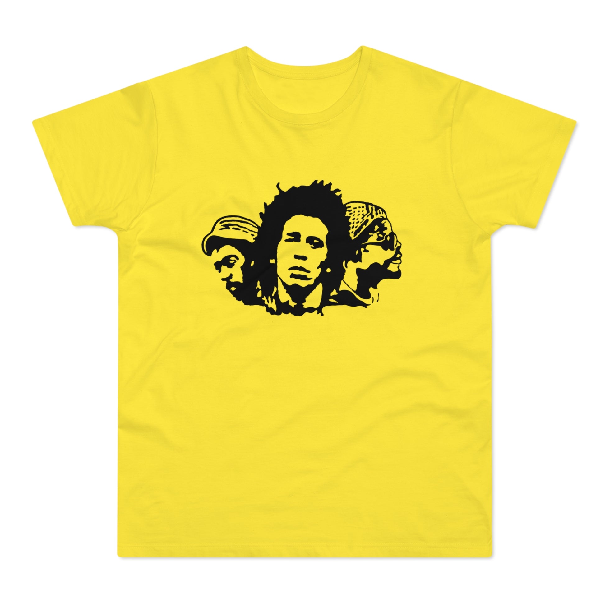 Yellow t-shirt with black stencil art of Bob Marley and two other figures.