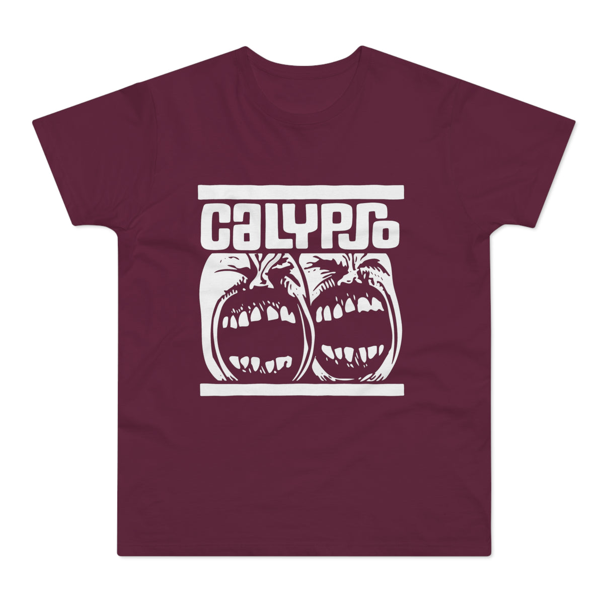 Maroon t-shirt with white text "CALYPSO" above two screaming faces.