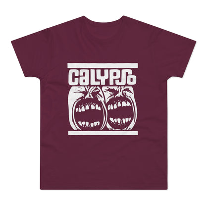 Maroon t-shirt with white text "CALYPSO" above two screaming faces.