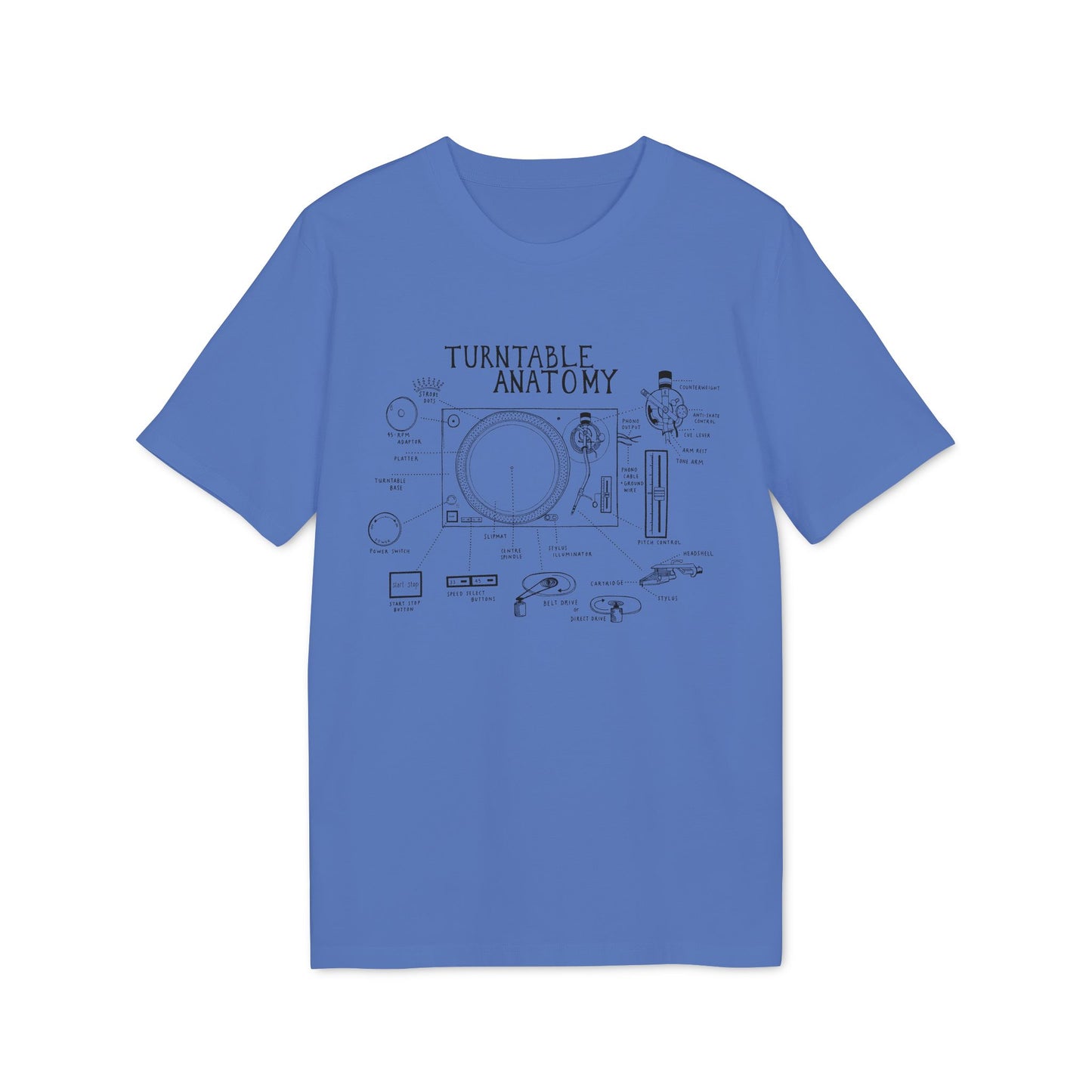 Blue t-shirt with "Turntable Anatomy" diagram labeling components and controls.
